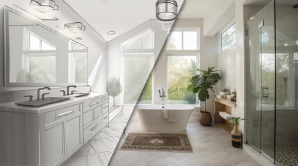 A modern bathroom featuring a shower and bathtub, designed by a Utah basement builder for optimal space and comfort. A modern bathroom featuring a shower and bathtub, designed by a Utah basement builder for optimal space and comfort.<br />