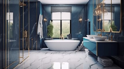 A blue bathroom featuring gold accents and elegant marble walls, designed by a Utah basement builder. A blue bathroom featuring gold accents and elegant marble walls, designed by a Utah basement builder.