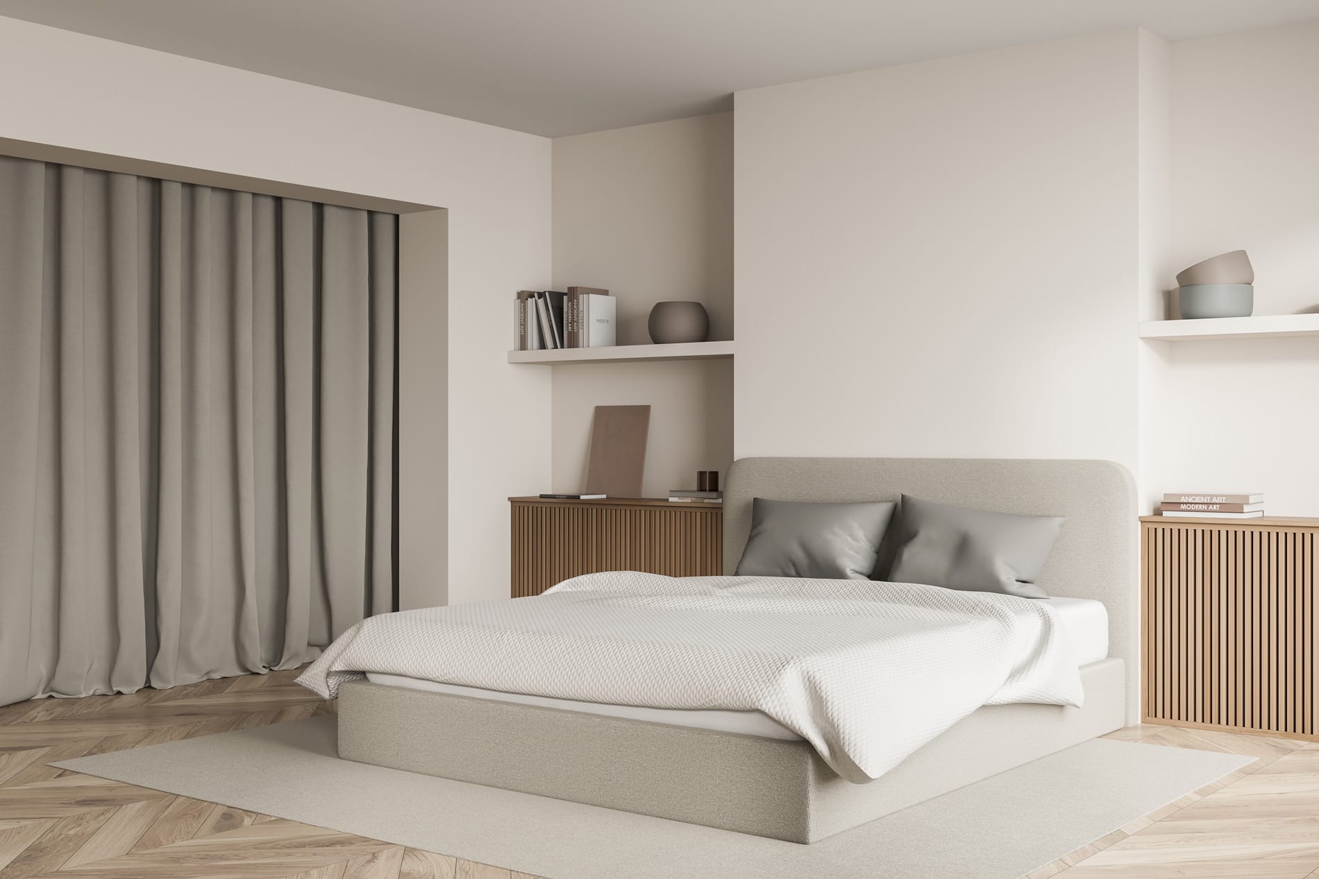 A contemporary bedroom featuring a bed on a polished wooden floor, showcasing modern design elements.