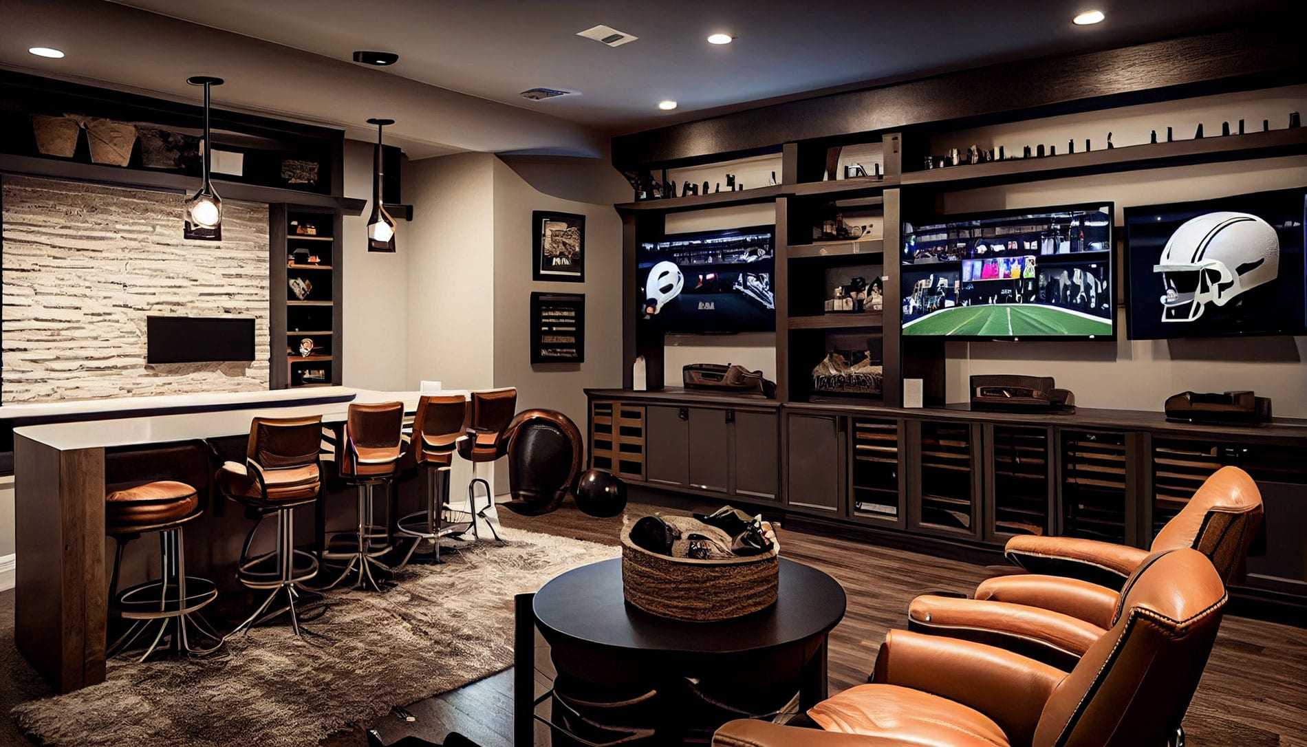 AdobeStock_573328845 A stylish home bar featuring leather chairs and a television, designed by a Utah basement builder for comfort and entertainment.