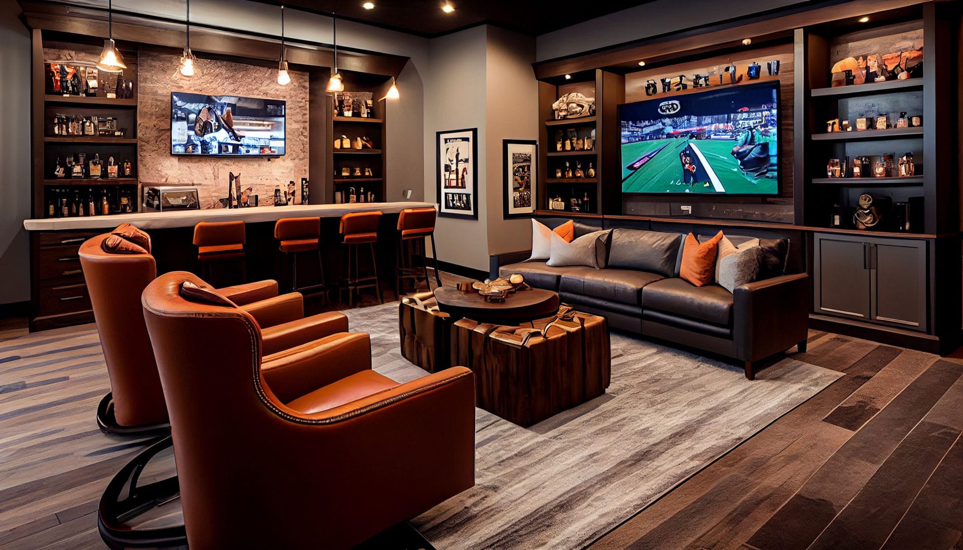 Elegant home bar with leather seating and a TV, crafted by a Utah basement builder for a sophisticated leisure area