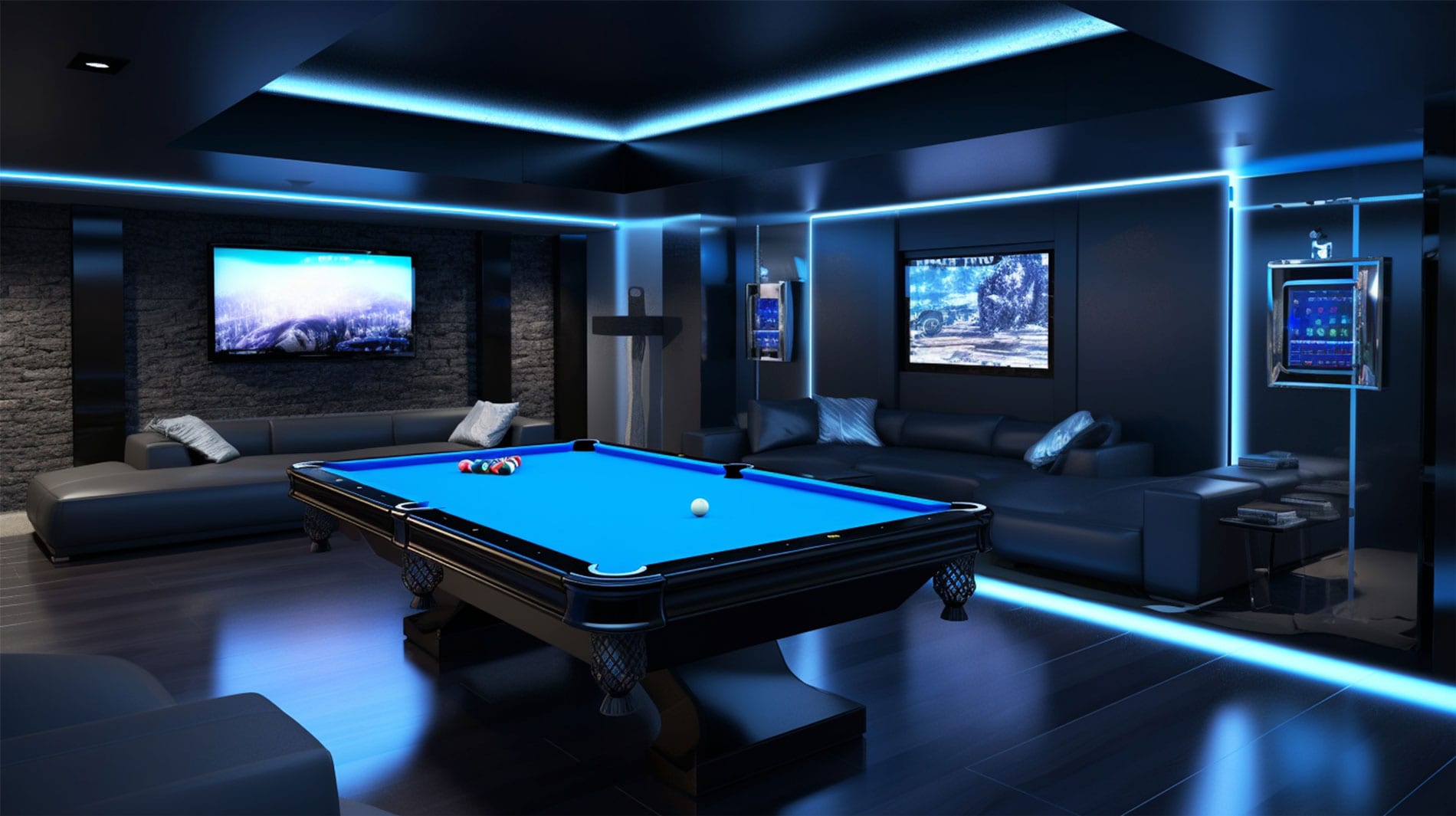 A billiard table in a stylish basement room featuring a television, designed by a Utah basement builder for entertainment.