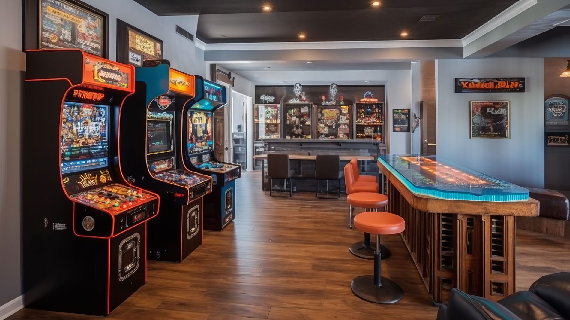  A vibrant basement featuring arcade machines and a stylish bar, designed by a Utah basement builder for entertainment.
