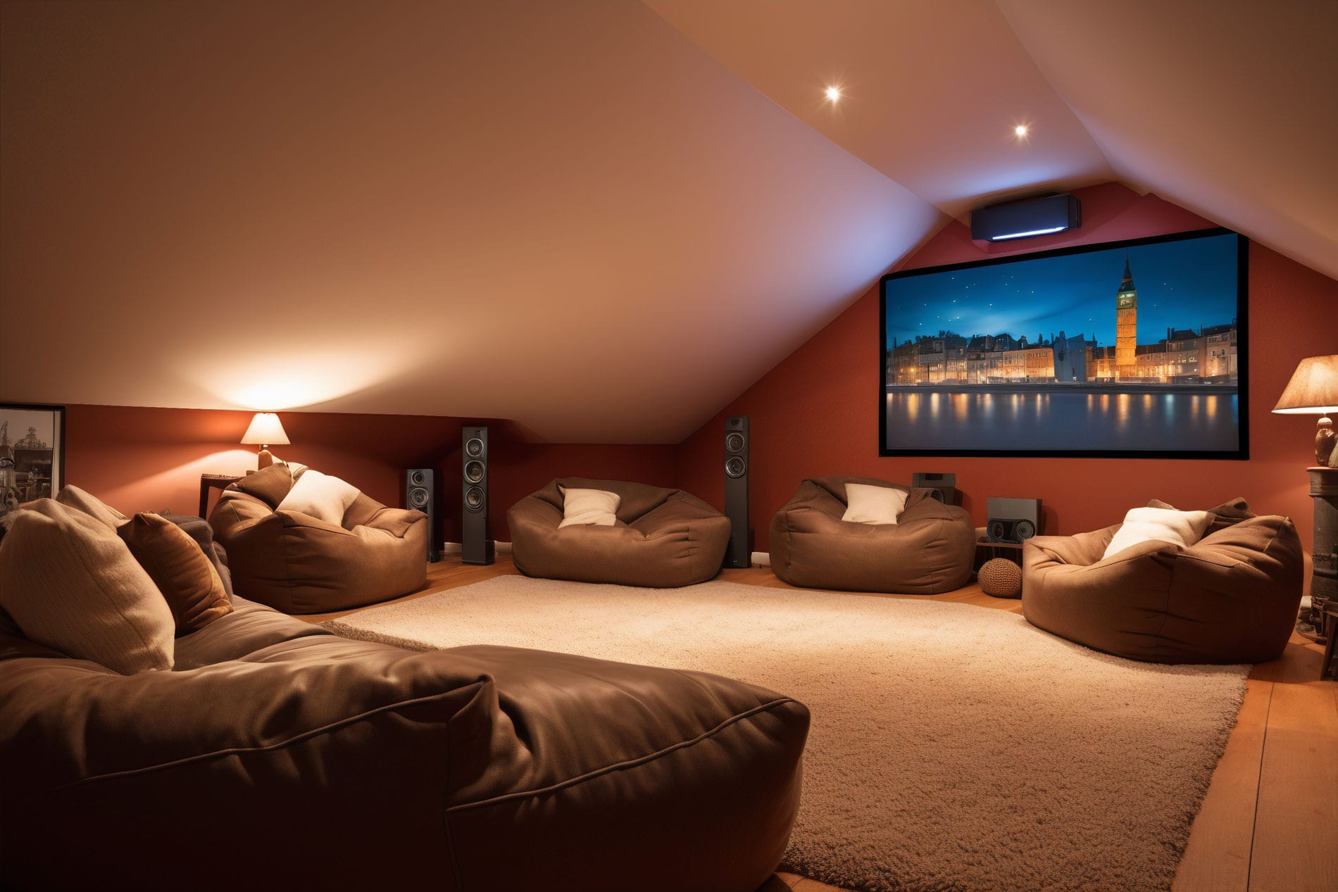 A stylish home theater with comfortable bean bags and a projector screen, crafted by a Utah basement builder.