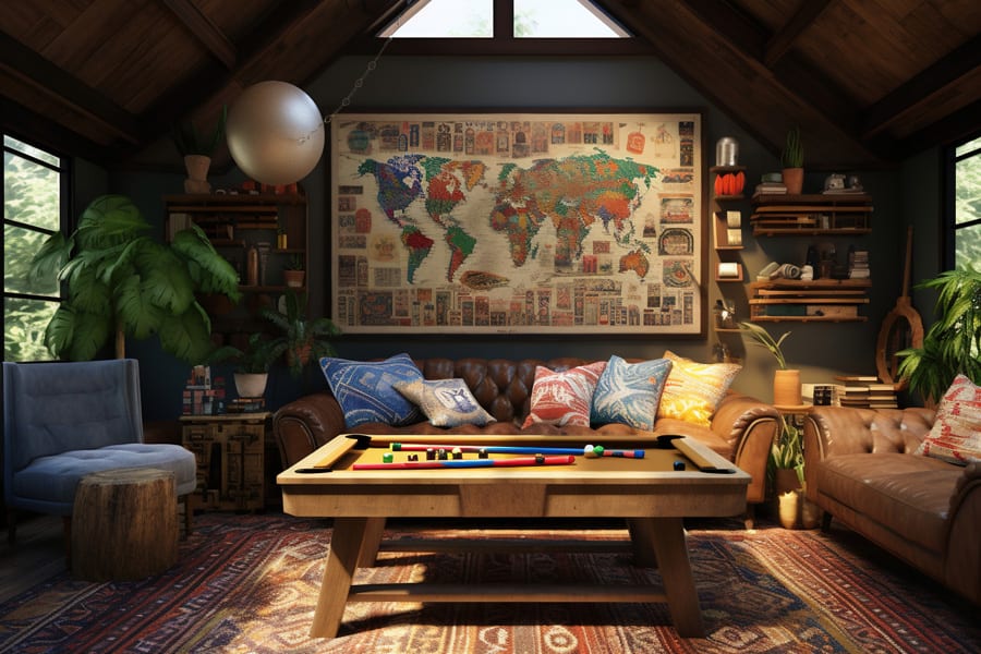A modern living room showcasing a pool table, inviting couch, and a decorative rug, crafted by a Utah basement builder.