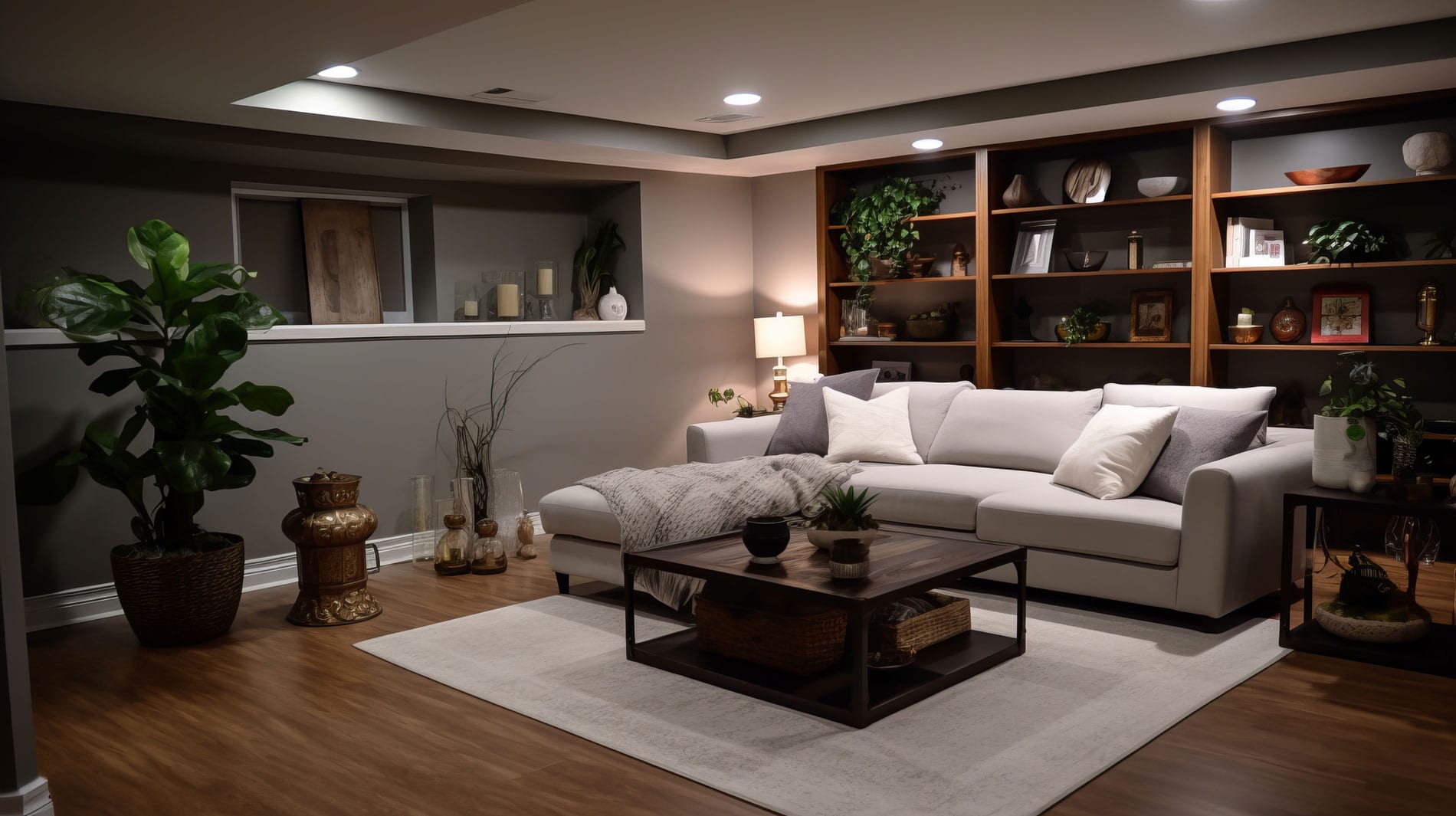  An inviting living room with a couch, coffee table, and bookshelves, expertly designed by a Utah basement builder for relaxation.