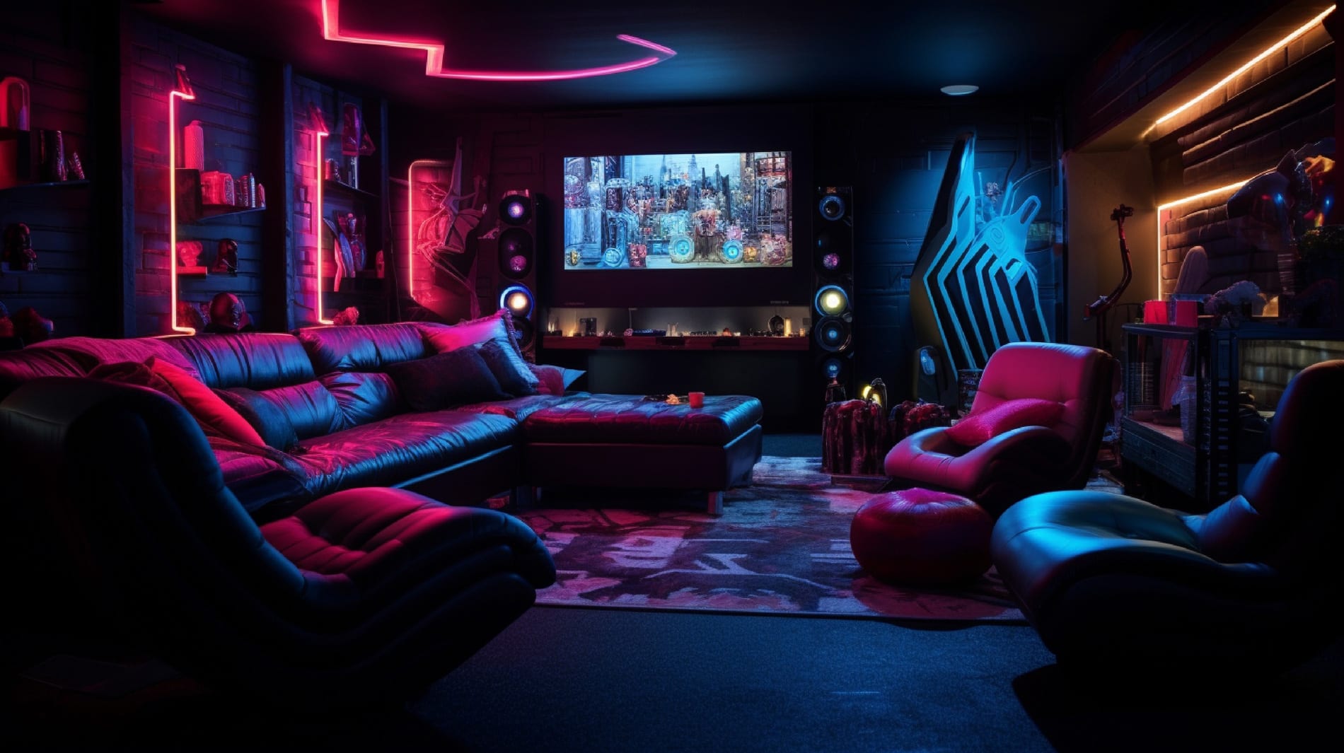 A dark basement room with a comfortable couch, chair, and TV, ideal for relaxation and entertainment.