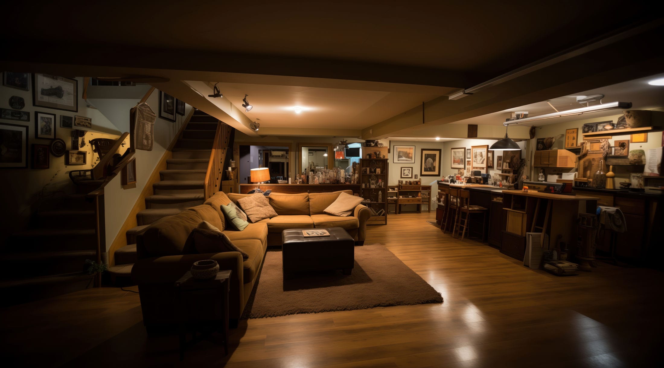 A cozy living room featuring a couch, coffee table, and stairs, designed by a Utah basement builder for optimal space use.