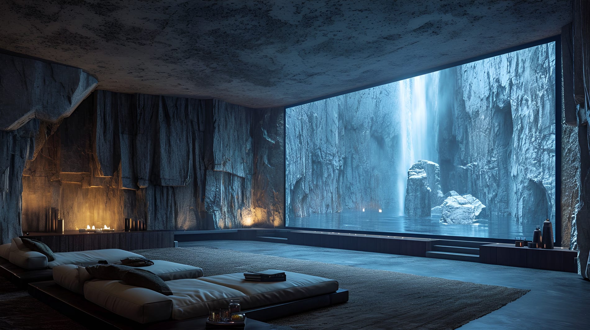 An expansive room showcasing a beautiful waterfall, enhancing the tranquil ambiance of a Utah basement.