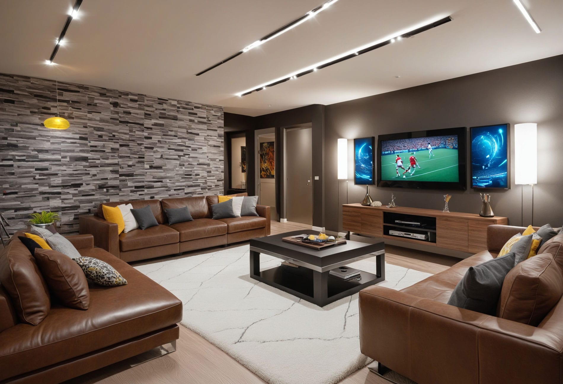 Modern living room showcasing leather sofas and a flat-screen television, crafted by a Utah basement builder.