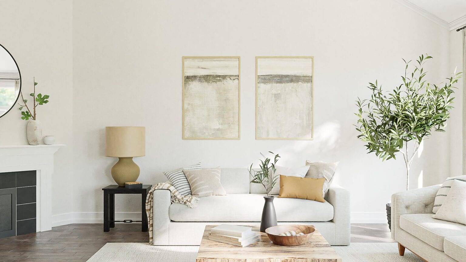 A modern living room featuring white furniture and a cozy fireplace, showcasing a clean and inviting atmosphere.