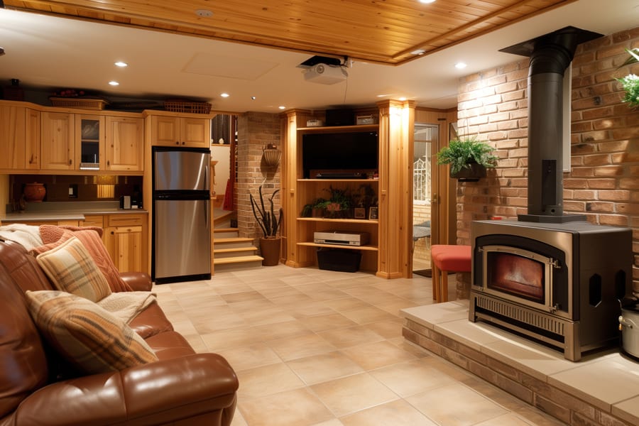 AdobeStock_765874626 Large basement with a modern interior design in bright lighting