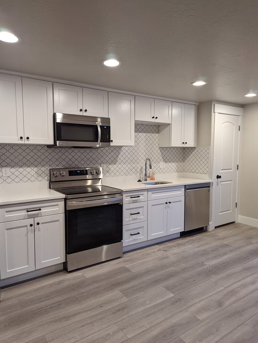 Large basement with a modern interior design in bright lighting