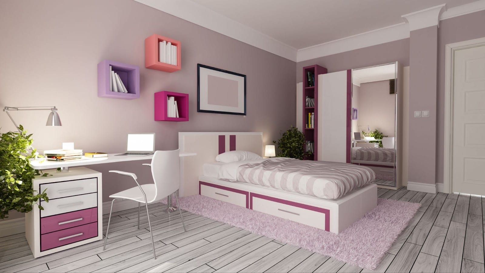 Basement bedroom with essential furniture like a bed, desk, and shelves for a teenager.