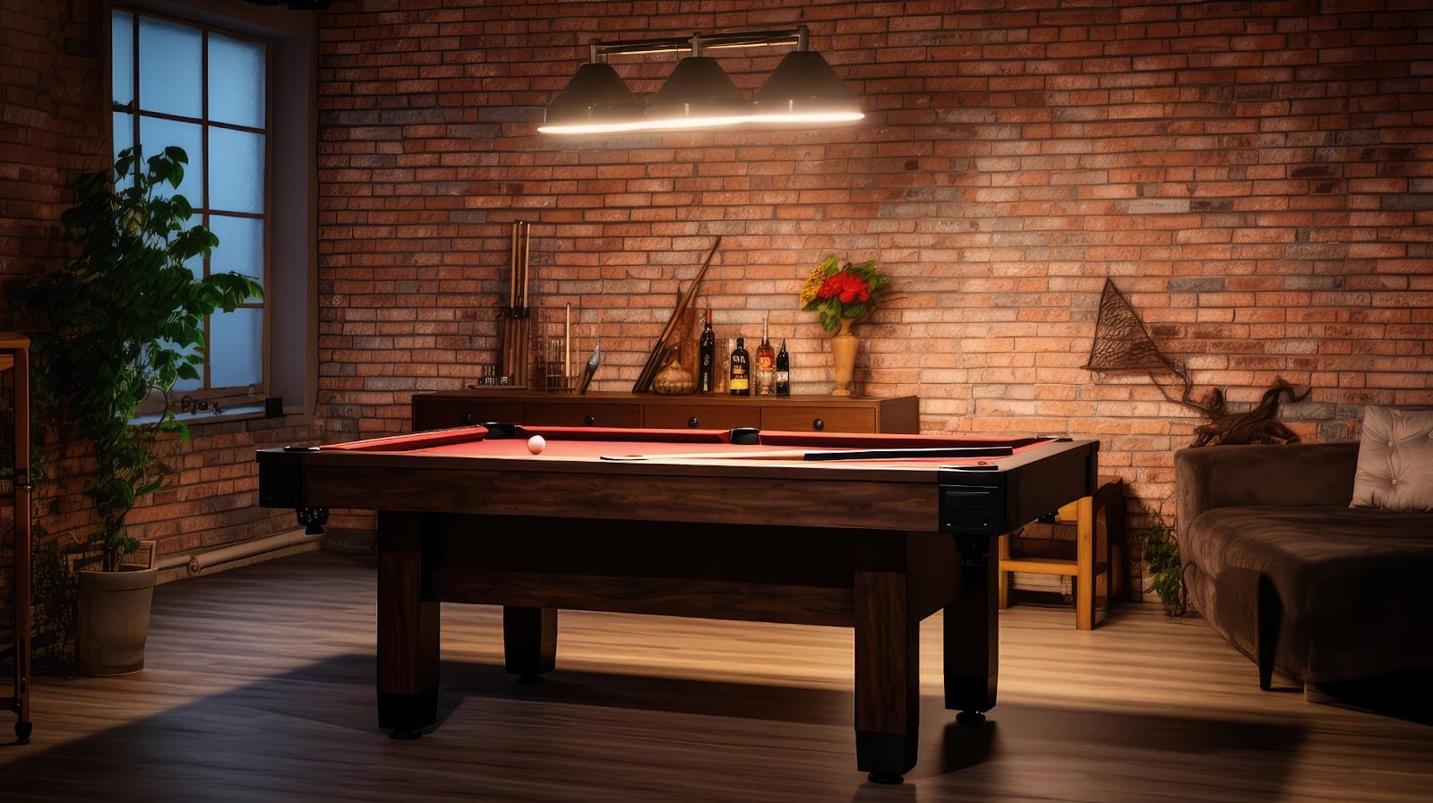 A pool table set in a finished basement gaming room with exposed brick walls, creating a cozy atmosphere for play.