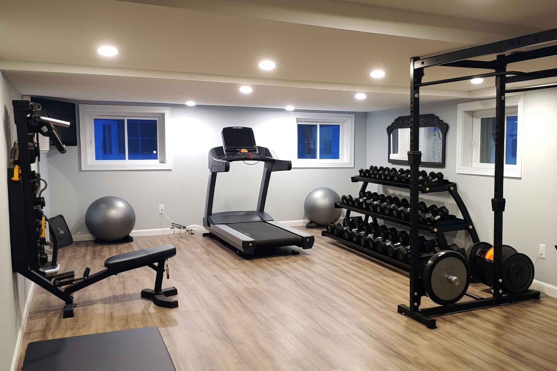modern home gym located in a Utah basement, complete with exercise equipment and a full-length mirror for training.