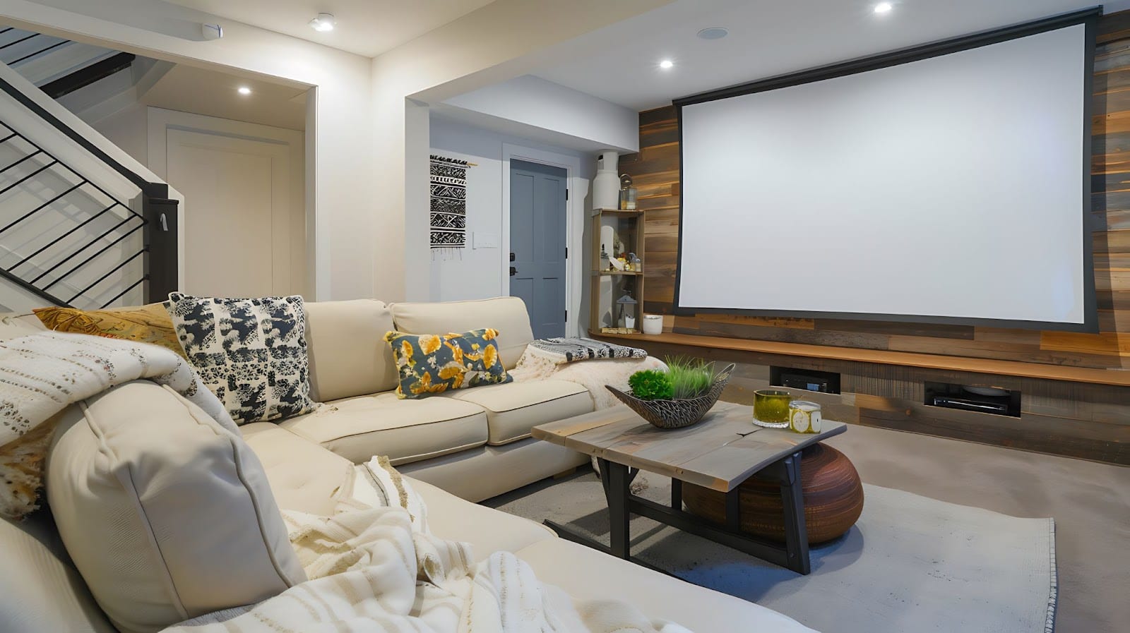 A cozy basement with a large projector screen, sectional sofa, coffee table, and decor, featuring a wooden accent wall and staircase.