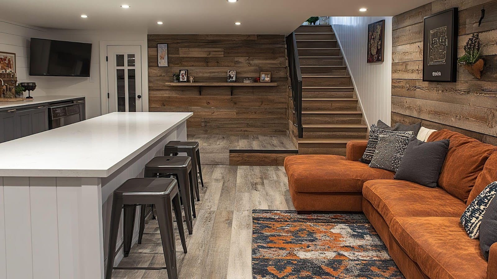 A modern kitchen featuring sleek cabinetry a cozy couch and stylish bar stools for casual dining