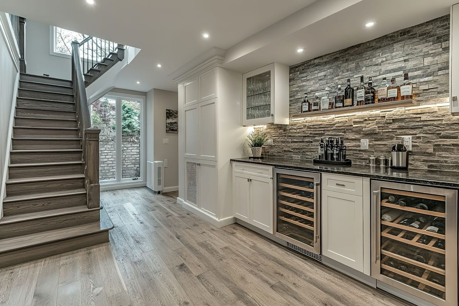 Modern basement with a wooden staircase, stone backsplash, wine coolers, and bar counter.