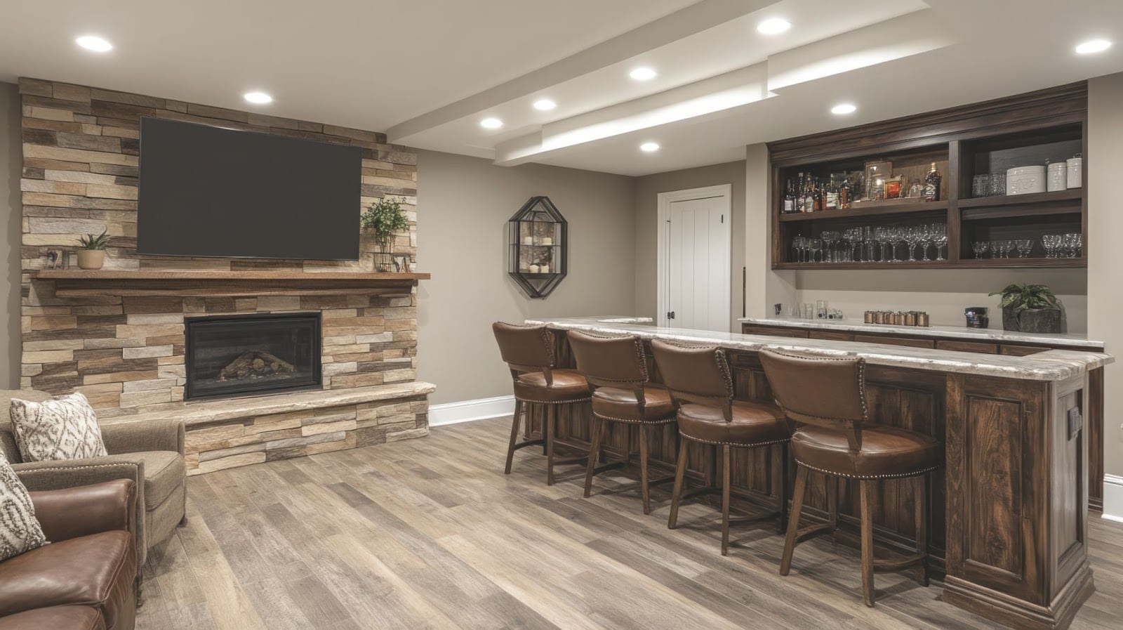 Modern living room with a stone fireplace, TV, and wooden bar with leather stools.