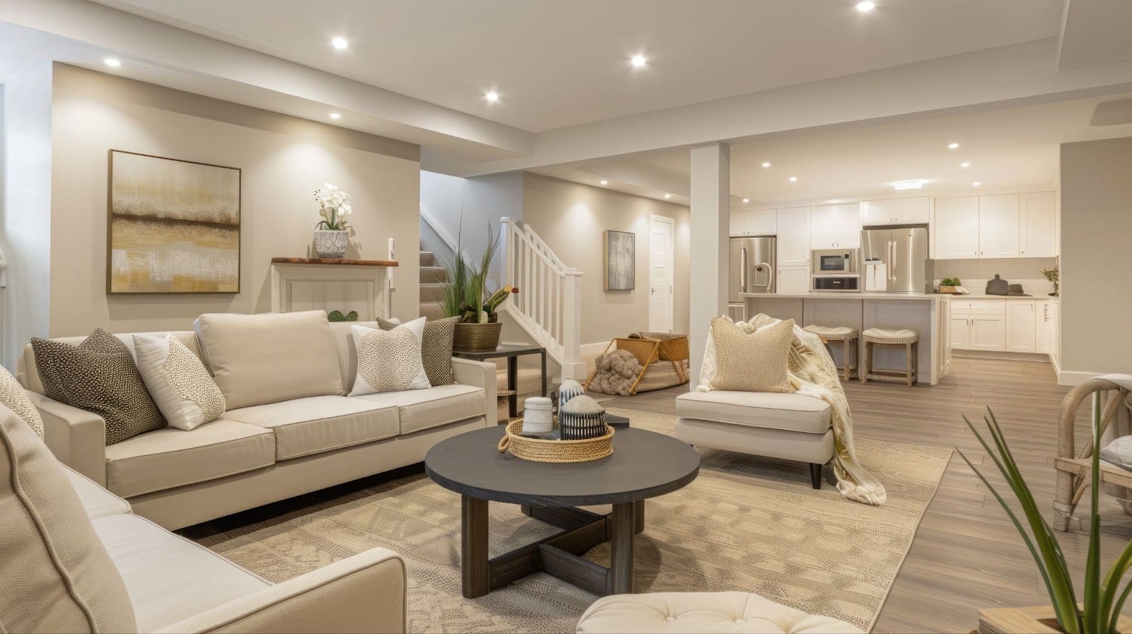 Cozy basement living room with beige sofas, coffee table, and open kitchen.